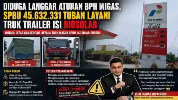 Diduga Langgar Aturan BPH Migas, SPBU 45.632.331 Tuban Layani Truk Trailer Isi Biosolar