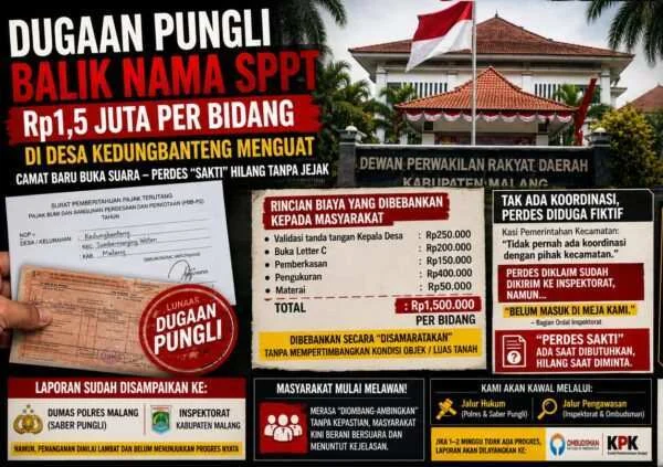 Dugaan Pungli Balik Nama SPPT Rp1,5 Juta per Bidang di Desa Kedungbanteng Menguat, Camat Baru Buka Suara – Perdes “Sakti” Hilang Tanpa Jejak