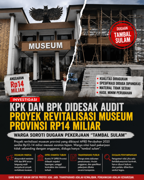 KPK dan BPK Didesak Audit Proyek Revitalisasi Museum Provinsi Rp14 Miliar